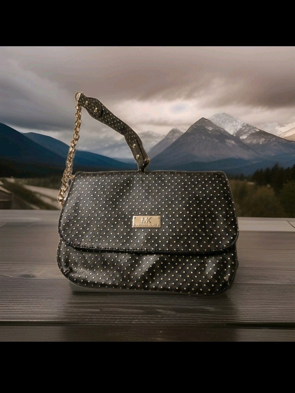 Michael Kors Black Crossbody Clutchwith Gold Polka Dot Accents NWOT